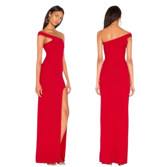 NOOKIE x REVOLVE MILA FLAME RED ONE SHOULDER SEXY FITTED SLIT MAXI GOWN DRESS - Picture 1 of 11